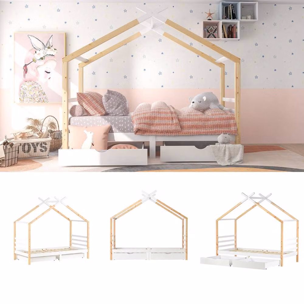 ModernLuxe Kids Single Bed Frame with 2 Drawers and House Design in Sand and White – 2