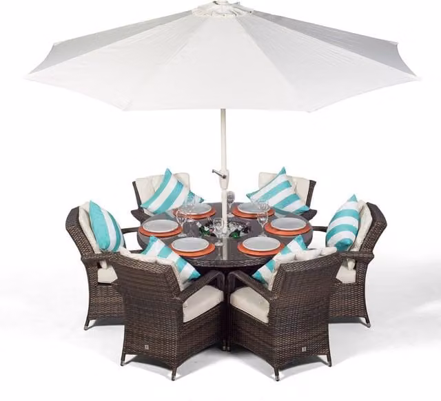 Giardino Arizona Round Rattan Patio Dining Set with Ice Bucket Drinks Cooler in Brown, 6 Seater