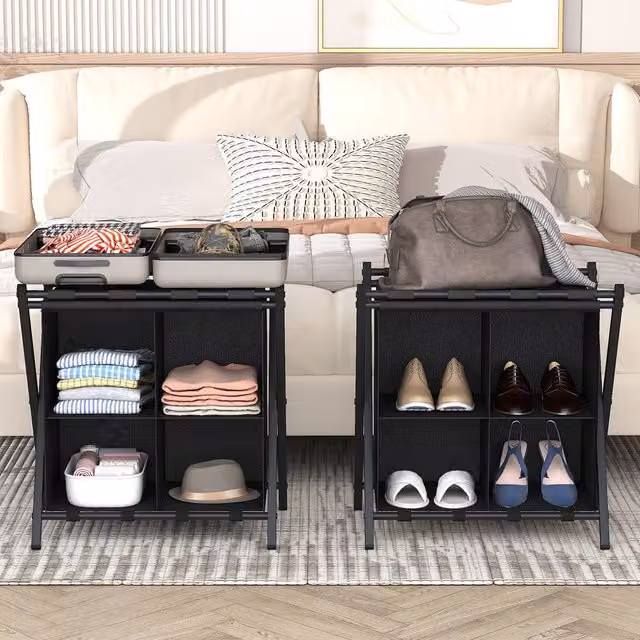 Huhote Metal Luggage Rack with Storage Shelf, Set of 2, Black – 1