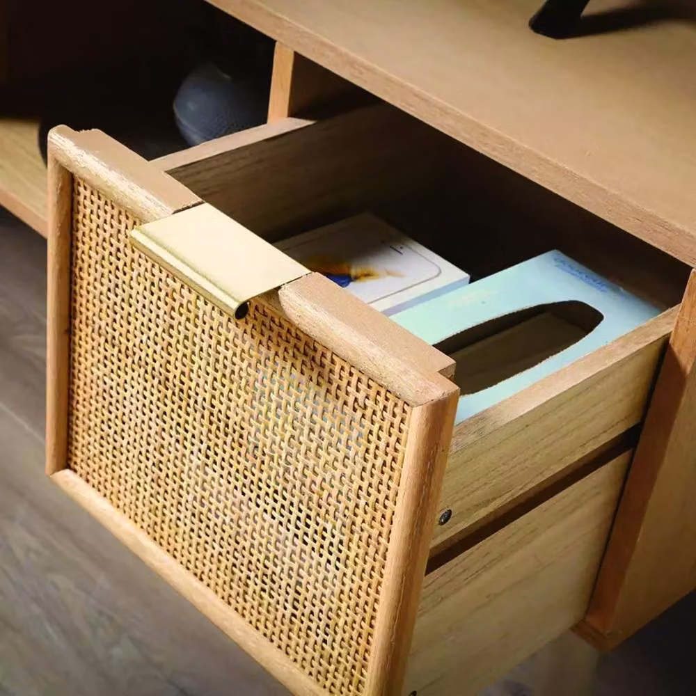 CALICOSY MIYA TV Stand with 2 Drawers and Rattan Fronts in Light Brown, W: 100 cm – 6