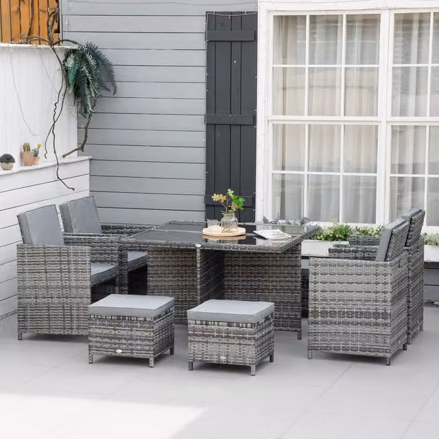 Outsunny 9 Piece Grey Polyrattan Garden Dining Set with Glass Top Rectangular Table – 2