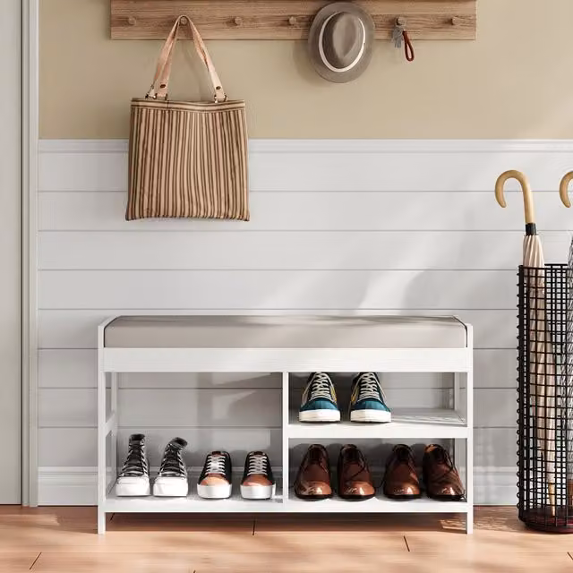 Komore White Lacquered Wood 2-Tier Shoe Storage Bench with Seat