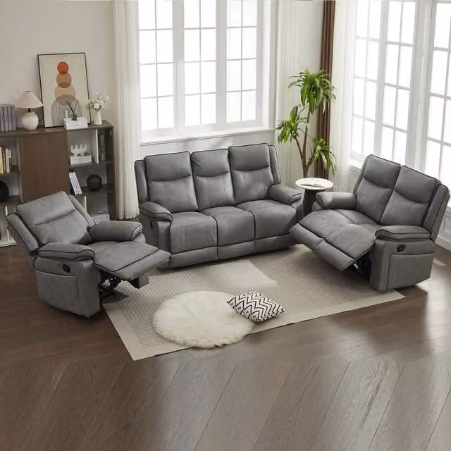 Furniture One Modern Grey Fabric 6-Piece Manual Reclining Sofa Suite with 2-Seater Sofa, 3-Seater Sofa and Armchair, W: 196 cm