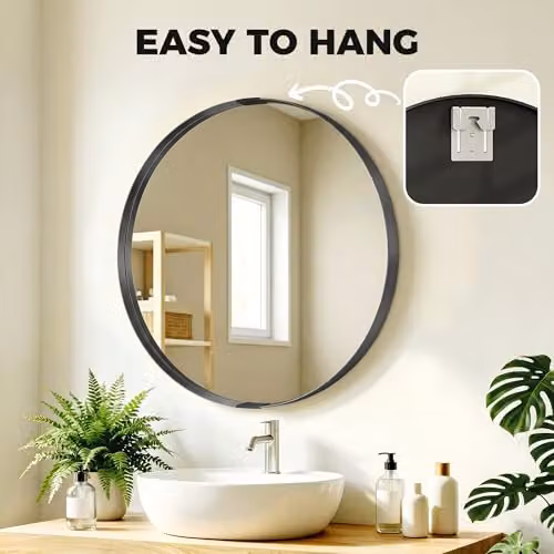 HOMCOM Modern Round Wall Mounted Bathroom Mirror in Black, Diameter: 61 cm – 3