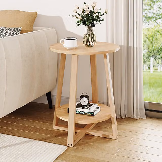 Livingandhome Round Two-Tier Wooden Side Table in Brown, Diameter: 50 cm