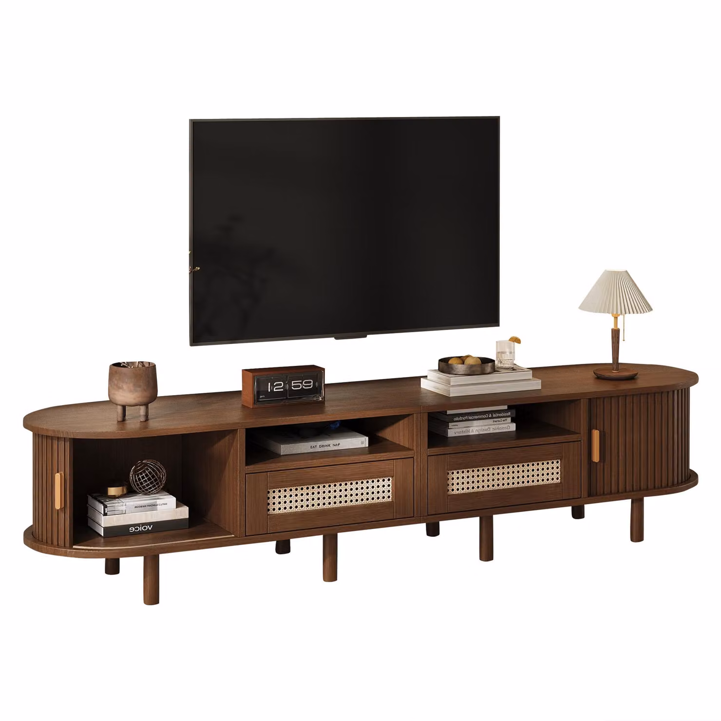 Aosom UK Rattan TV Stand with Sliding Doors and 8 Solid Wood Legs in Oak, W: 170 cm, D: 40 cm, H: 40 cm – 2