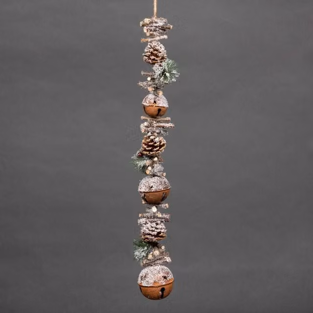 Shatchi 90cm Brown Christmas Garland with Red Jingle Bells, Wooden Sticks, Berries and Pinecones