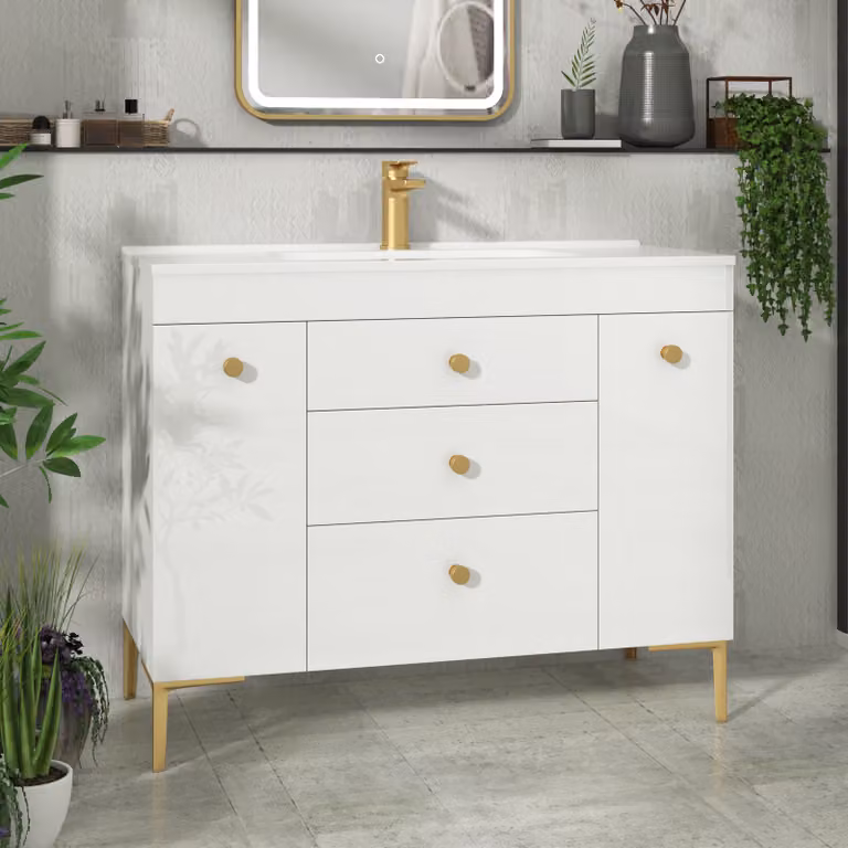 Royal Bathrooms Verona Gloss White Floor Standing Vanity Unit with Ceramic Basin and Brushed Brass Knob, W: 100 cm