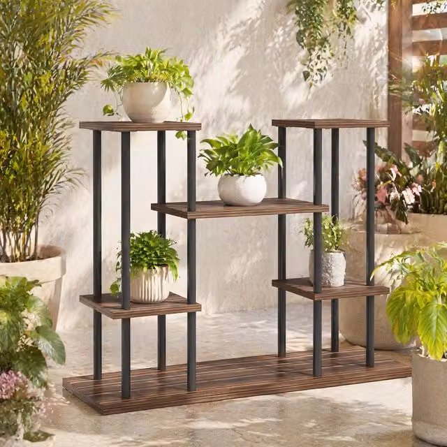 STILVORA Industrial 4-Tier Plant Stand with 6 Shelves in Black Metal and Wood