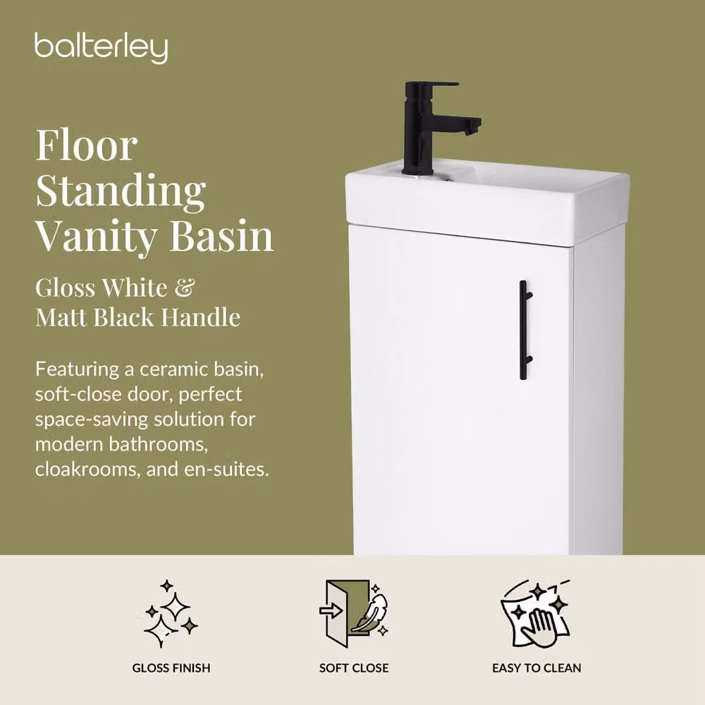 Balterley Wall Mounted Gloss White Vanity Basin with Matt Black Handle, Width: 40 cm – 2