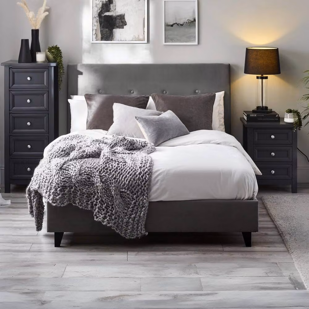 Cheshire Shore Modern Upholstered High Headboard Bed in Grey, W/D/H: 150 x 200 cm – 3