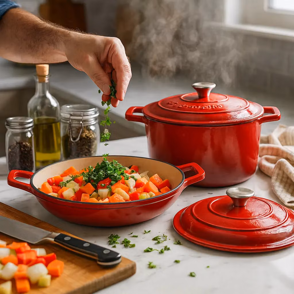 Argon Tableware 2pc Cast Iron Casserole Dish Set with Self-Basting Lids, 2.3l & 4.68l, Red – 1