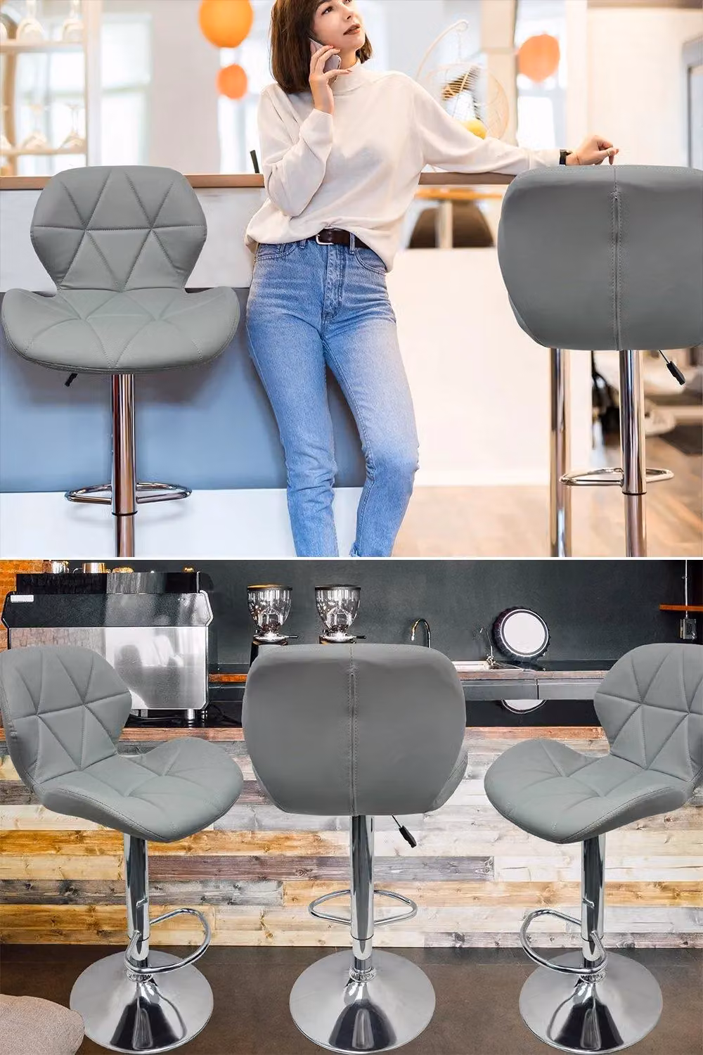 Neel Blue Modern Swivel Barstool in Grey and Blue PU Leather with Height Adjustment – 3