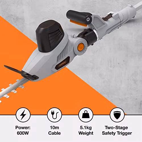VonHaus Corded Pole Hedge Trimmer with 600W Motor, 45cm Steel Dual Action Blades and Telescopic Extendable Reach in Grey, Black and Orange – 4