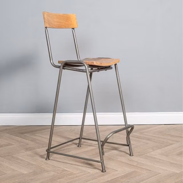 Elm Home and Garden Industrial Mango Wood and Metal Kitchen Bar Stool in Brown and Grey
