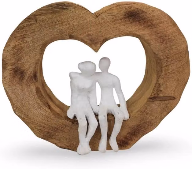 Elm Home And Garden Mango Wood and Aluminium Couple in Heart Sculpture, Brown and White – 1