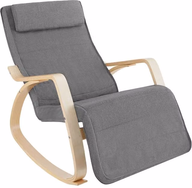 tectake Onda Rocking Chair in Light Grey with Armrests and Birch Wood Frame – 1