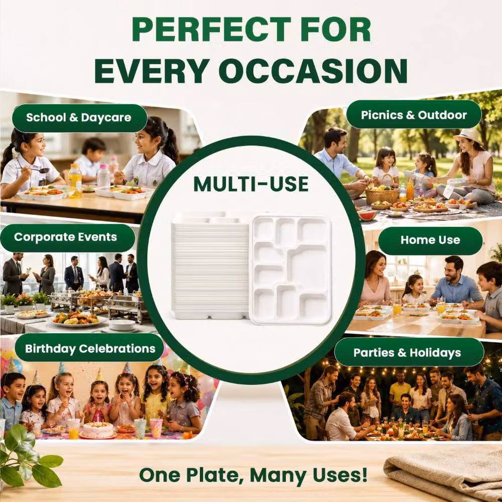 ECONX 100 Pack White Bagasse 9 Compartment Disposable Dinner Plates – 5