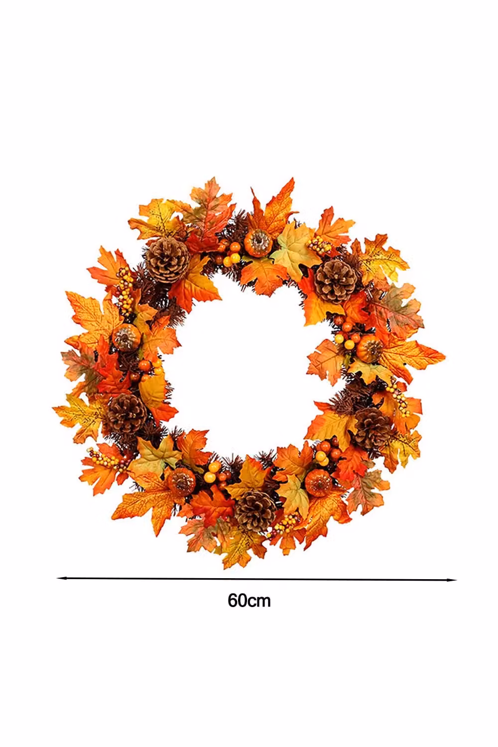 Living and Home Pre-lit Autumn Wreath with Artificial Maple Leaves and Pinecones in Yellow and Orange, Diameter: 60 cm – 3