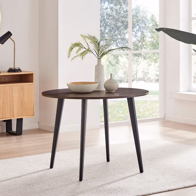 FurnitureboxUK Koko Modern Round Kitchen Dining Table in Walnut Effect with Black Legs