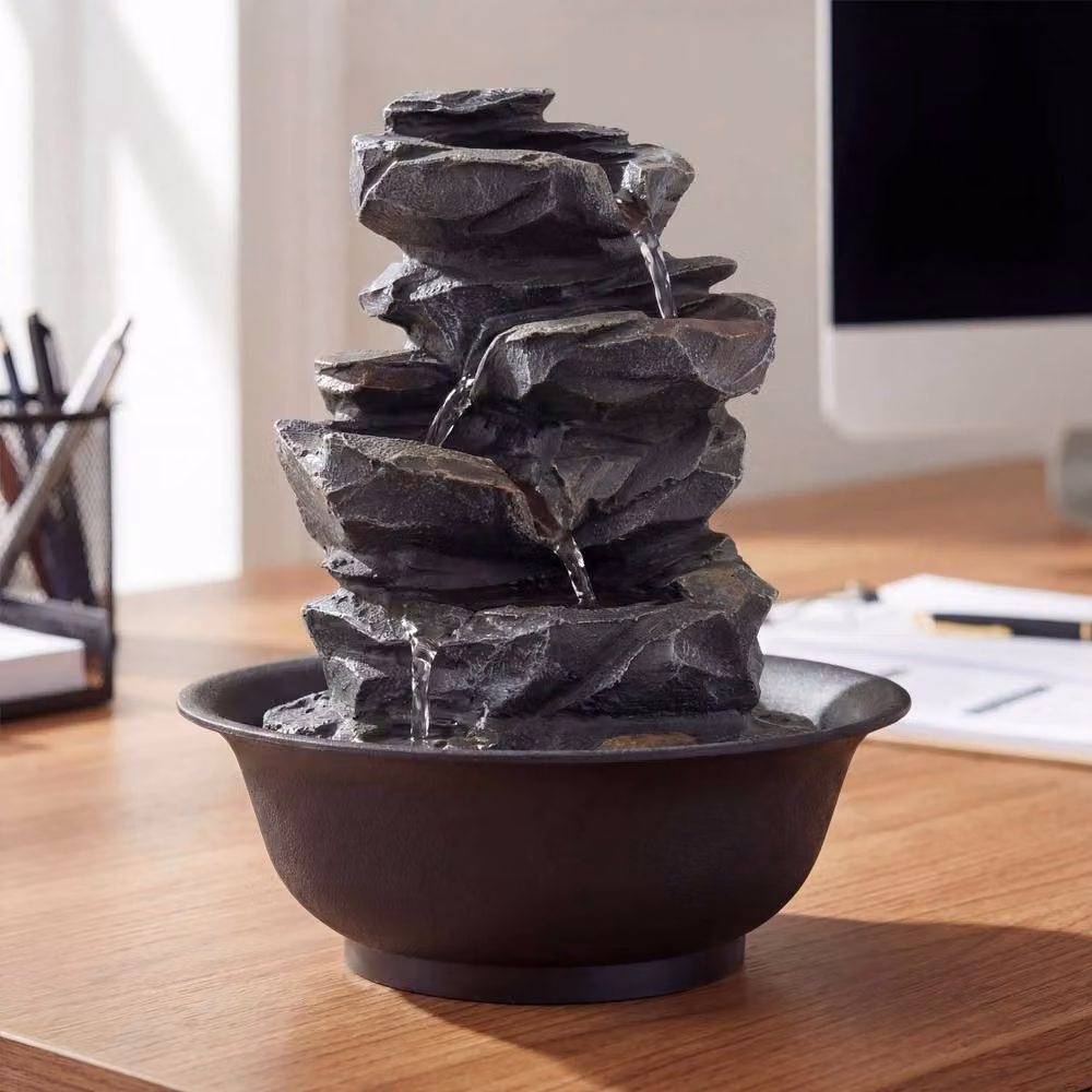 Gymax Desktop Cascading Water Fountain with LED Light in Black – 6