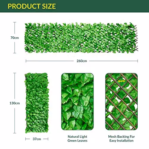 GardenKraft Artificial Ivy Leaf Hedge Privacy Screen, Green, W: 260 cm, H: 70 cm, D: 0 cm – 2