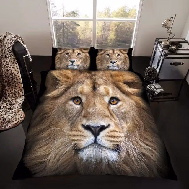 Smart Living Luxury 3D Lion Duvet Cover and Pillowcase Set, Brown, 180x200 cm
