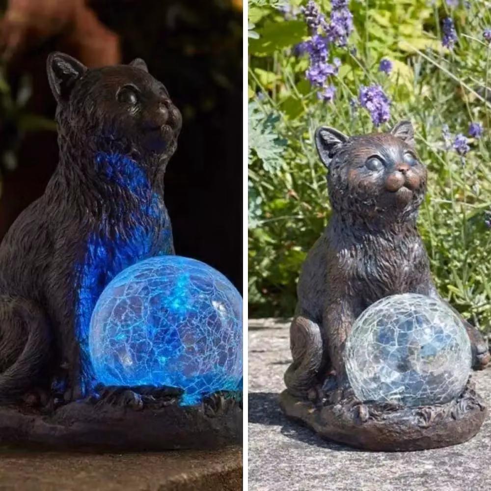 Marco Paul Grey Resin Cat Solar Powered Garden Ornament with Crystal Ball LED Light – 5
