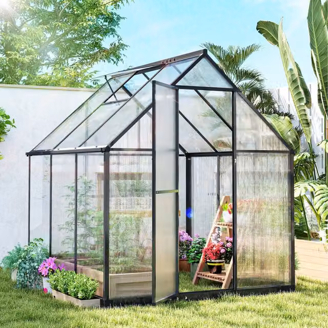 Outsunny Polycarbonate Greenhouse with Hinged Swing Door in Black and Transparent