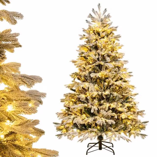 Gymax Pre-Lit Flocked Christmas Tree with 1022 Tips and 350 LED Lights, Green, Height: 180 cm – 1