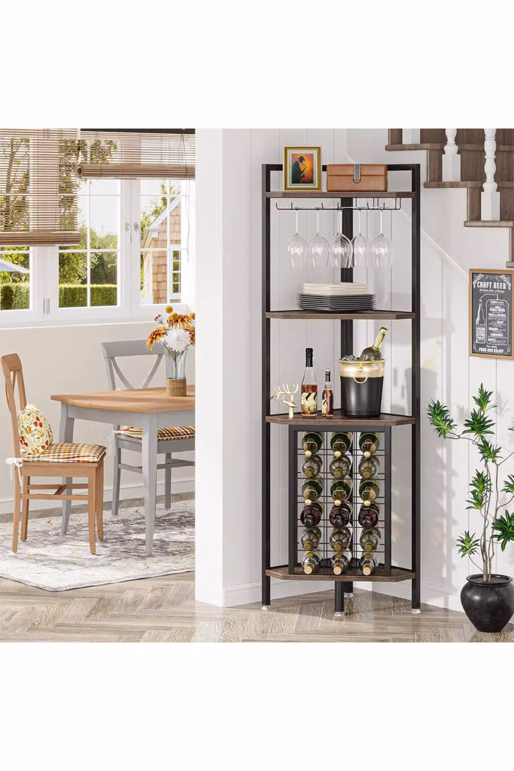 Living and Home Freestanding Industrial Corner Wine Rack with Glass Holder and Bottle Storage in Matt Black Metal – 2