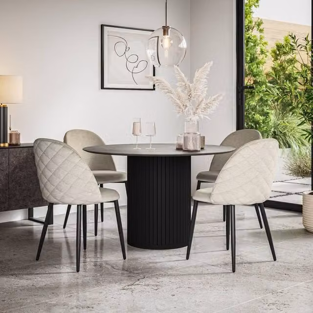 More4Homes Arlo Round Concrete Dining Table with Black Legs and 6 Raye Beige Velvet Dining Chairs Set