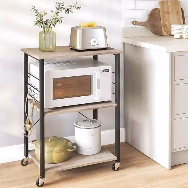 The Bazaarist Industrial Rolling Kitchen Cart with 3 Shelves and 6 Hooks in Grey, Black and Beige
