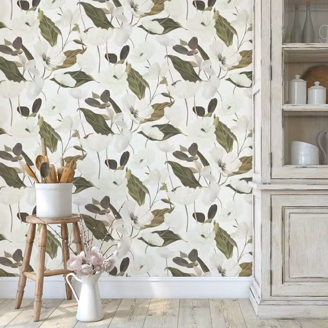 Erismann Floral Botanical Wallpaper in White, Green, Pink and Grey