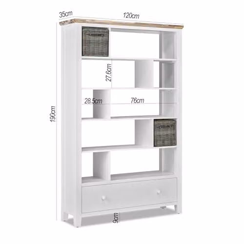 Florence Room Divider Shelving Storage White Bookcase Unit with Shelves and Baskets H 190 x W 120 x D 35 cm – 2