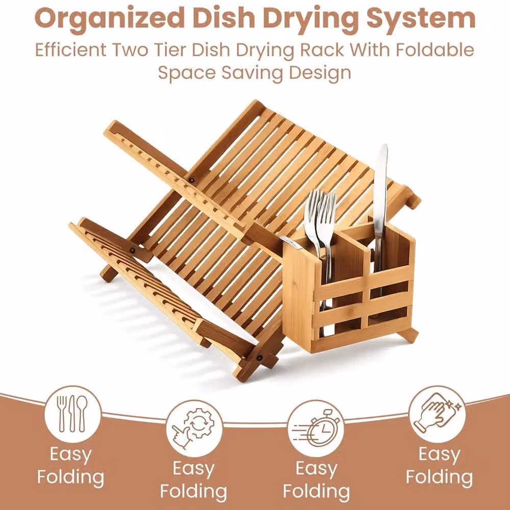SPETLEK 2 Tier Folding Bamboo Dish Drying Rack and Drainer with Cutlery Holder, Brown – 2