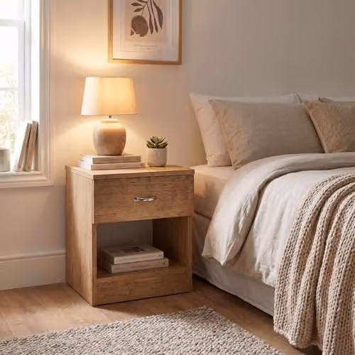 FWStyle Modern Oak Effect Bedside Table in Brown with One Drawer and Open Shelf, W/D/H: 47 x 40 x 36 cm – 3