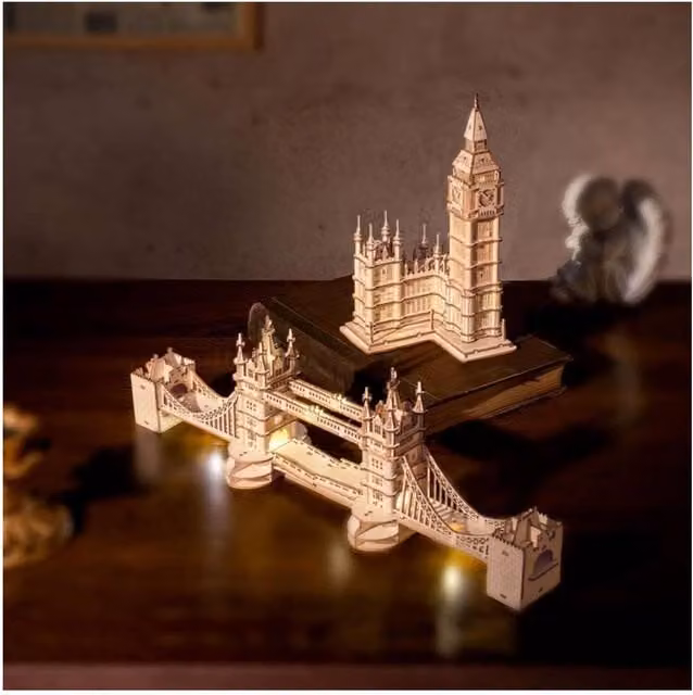 Robotime Tower Bridge 3D Wooden Puzzle with Light, 116 Pieces, Brown