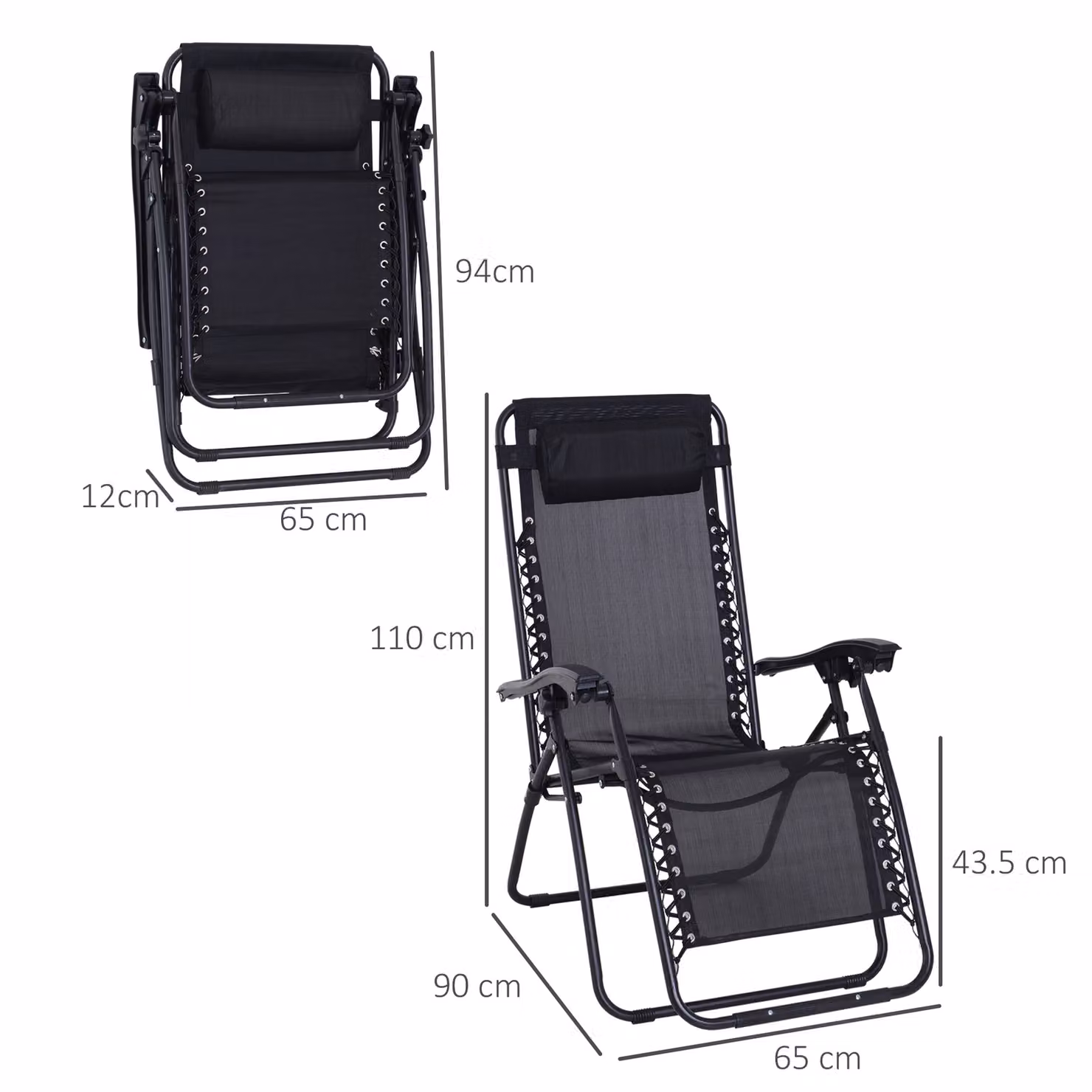 Outsunny Set of 2 Black Zero Gravity Reclining Sun Loungers with Metal Frame and Adjustable Headrest – 3