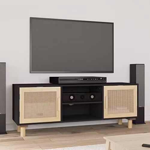 vidaXL TV Cabinet in Black Solid Pine Wood with Natural Rattan, W: 105 cm, D: 40 cm, H: 40 cm – 2