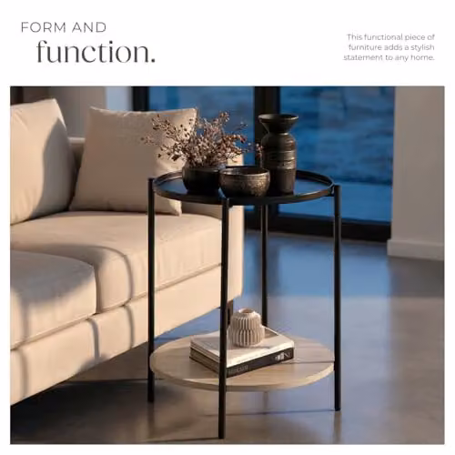tectake Round Side Table with 2 Shelves and Metal Frame in Oak and Black, Ø 45.5 x H 54.5 cm – 6