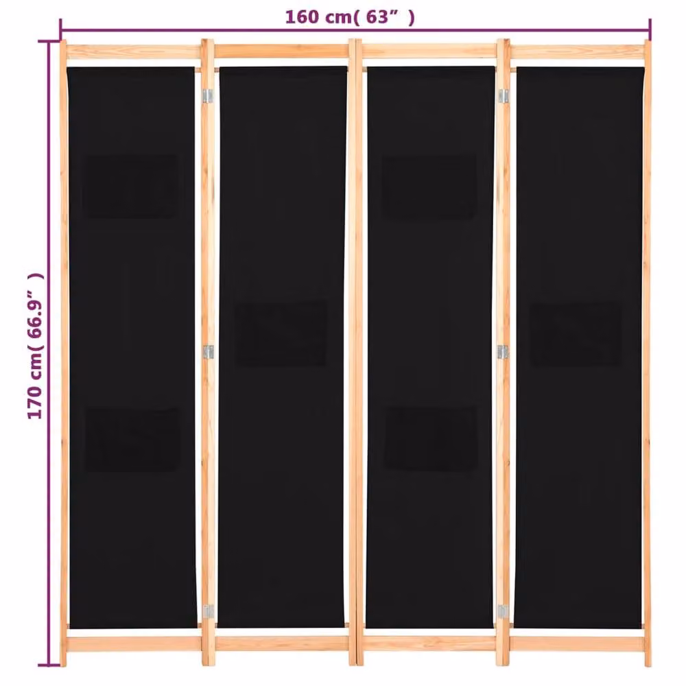 Berkfield Home 4-Panel Fabric Room Divider in Black, W/D/H: 160 x 4 x 170 cm – 8