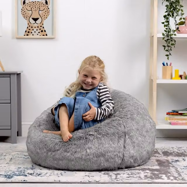 ICON Kingston Classic Faux Fur Kids Bean Bag Chair in Grey with Filling Included