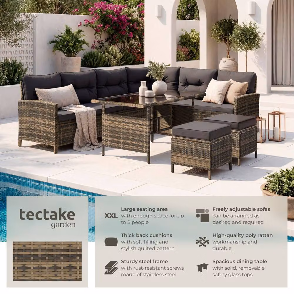 tectake 8 Seater Garden Furniture Set with Cushions, Footstools and Table in Natural and Beige – 2