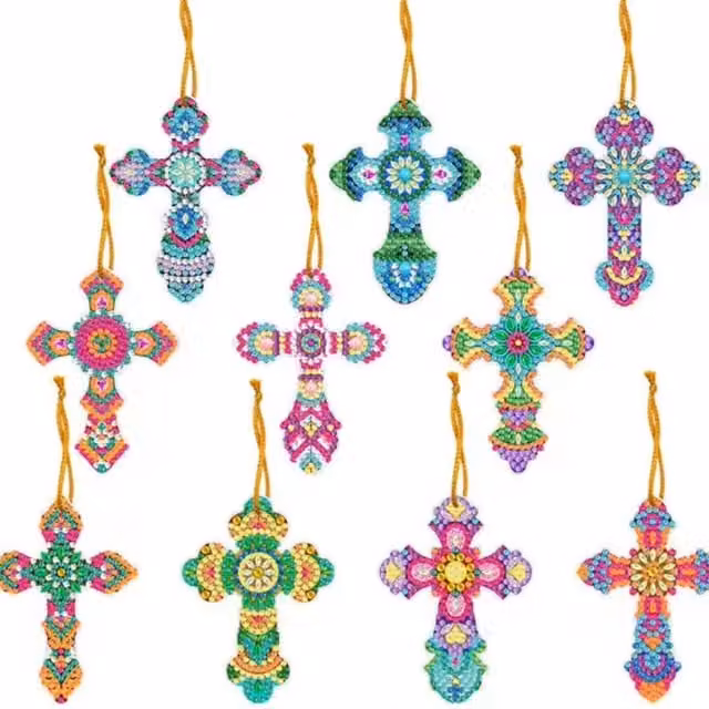 Syntego Pack of 10 Crosses Diamond Art Kits in Multicolour and Yellow for Adults