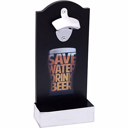 Maison Des Cadeaux Retro Save Water Drink Beer Bottle Opener and Cap Holder with Shelf, Black Wall Mounted Decor – 2