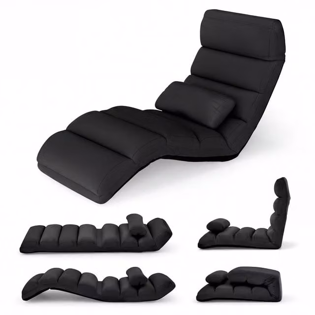 Costway Modern Black Fabric Indoor Chaise Lounge Sofa with Adjustable Headrest and Metal Frame