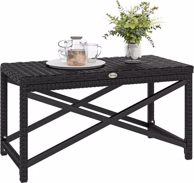 Outsunny Modern Woven Outdoor Coffee Table with Plastic Board in Black