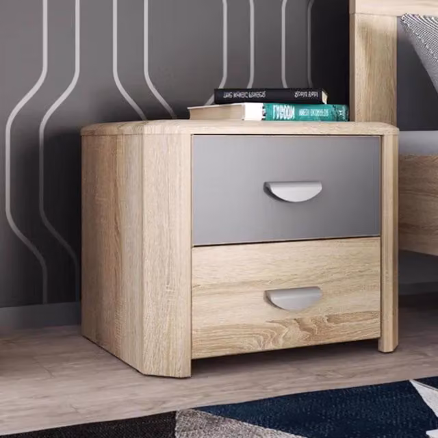 FWStyle Modern 2 Drawer Bedside Chest in Light Oak and Grey