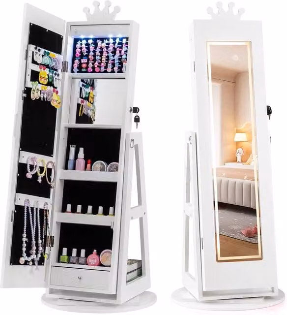 Gymax 360 Swivel Jewelry Cabinet Armoire with LED Lighted Full Length Mirror in White